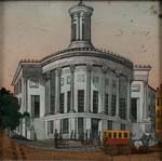 Men in top hats and a horse-drawn carriage in front of a two- story building with cylindrical facade, columns, and a tower